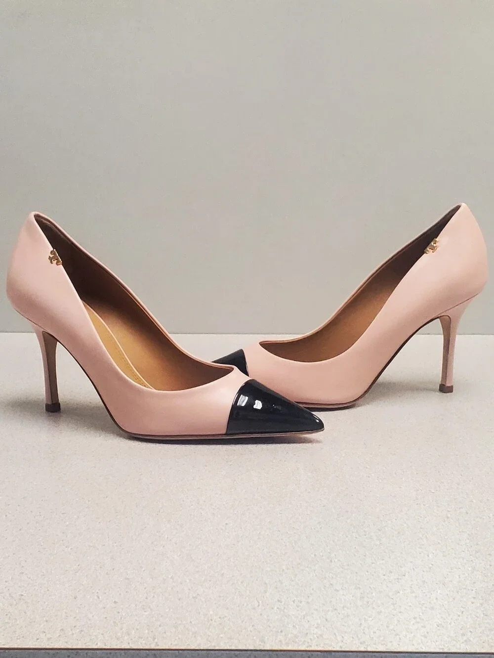 Tory Burch Blush Pink Pointed-Toe Pumps with Black Patent Cap